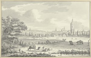Vue sur des prairies vers une ville