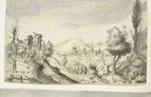 Paysage vallonné avec chasseur et ruine - Anonymous