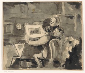 Intérieur avec trois hommes regardant une gravure