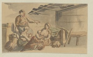 Intérieur avec deux femmes nourrissant, deux enfants, un homme et un chat - Anonymous