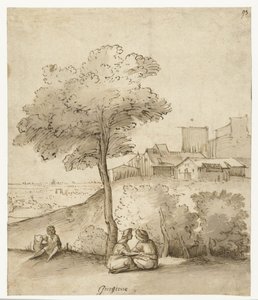Paysage italien avec quelques figures sous un arbre