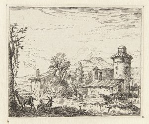 Paysage italianisant avec tour ronde et deux chèvres