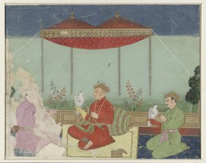 Jahangir assis sous un baldaquin sur une terrasse