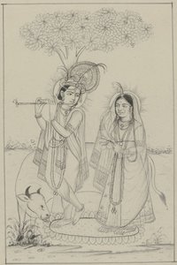 Krishna jouant de la flûte et Radha