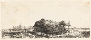 Paysage avec cottages et grange à foin : oblong - Anonymous