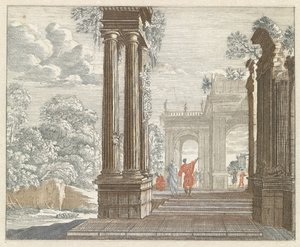 Paysage avec ruines romaines envahies par la végétation