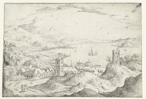 Paysage avec large rivière et village - Anonymous