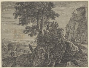 Paysage avec un bâtiment sur un rocher - Anonymous
