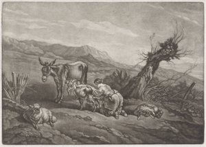 Paysage avec une bergère trayant une chèvre