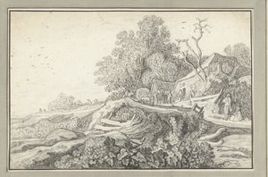 Paysage avec une charrette et des personnages près d