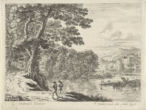 Paysage avec un colporteur et des promeneurs
