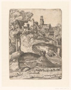 Paysage avec une rivière et une ville sur une colline