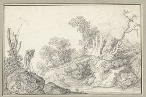 Paysage avec arbre nu et homme avec bâton - Anonymous
