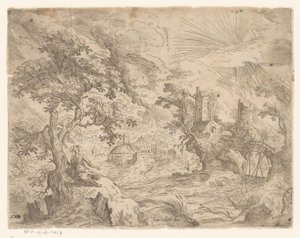 Paysage avec rivière et construction sur un rocher