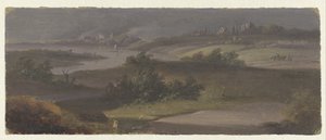 Paysage avec une courbe de rivière et un ciel sombre