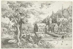 Paysage avec ville sur une colline - Anonymous
