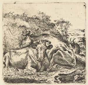 Paysage avec deux vaches au repos - Anonymous