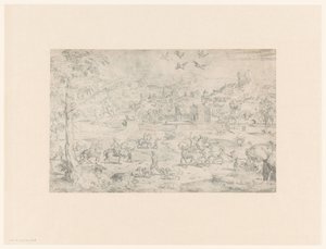 Paysage avec chasse au faucon sur des hérons - Anonymous