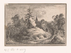 Paysage avec cascade et une église
