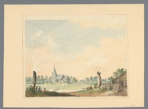 Paysage avec vue sur un pré et une église
