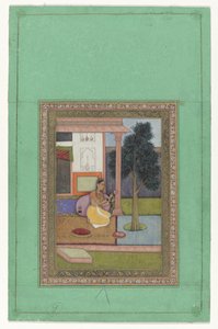 Malavashri ragini, femme agenouillée avec une fleur de lotus devant une maison