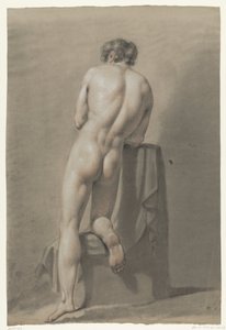 Nu masculin agenouillé sur un bloc, vu de dos