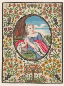 Marie Madeleine dans un ovale avec une bordure de fleurs autour