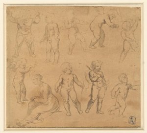 Neuf études de putti et une femme assise à gauche - Anonymous