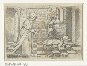 Nonne offrant un poisson à un chat en échange d