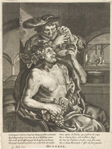 Octobre : Bacchus buvant du vin