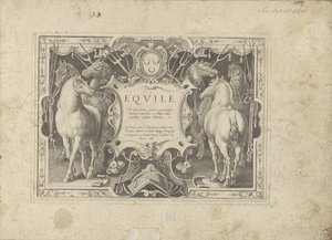 Cartouche ornemental avec titre flanqué de chevaux - Anonymous