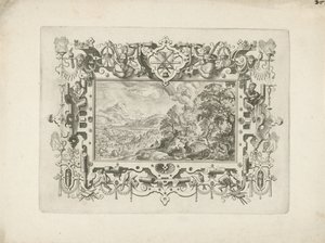 Encadrement ornemental avec volutes et figures, avec paysage de Vénus et Adonis - Anonymous