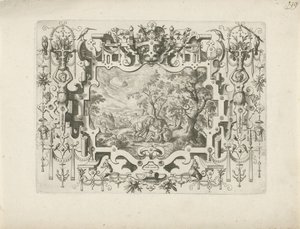 Encadrement ornemental avec figures et paysage du Bon Samaritain