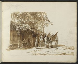 Chariot à bœufs et personnages dans une rue de village