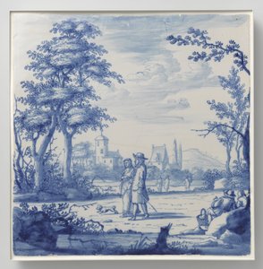 Plaque peinte avec paysage et figures