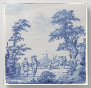 Plaque peinte avec paysage et figures