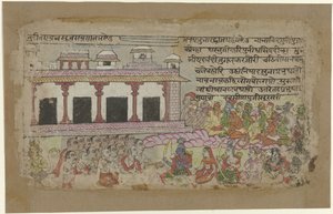 Rama et Sita avec une armée de singes devant un palais - Anonymous