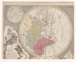 Rechterhelft van een wereldkaart, met het oostelijk halfrond Mappa totius mundi : adornata juxta observationes - Anonymous