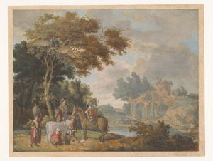 Voyageurs et paysans dans un paysage avec des ruines antiques - Anonymous