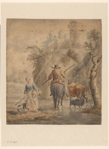 Paysage fluvial avec un cavalier, une femme et du bétail - Anonymous