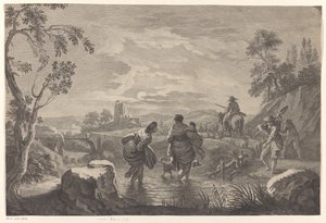 Paysage fluvial avec des personnages traversant