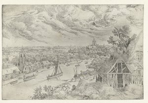 Paysage fluvial avec bateau de remorquage et pêcheurs au filet - Anonymous