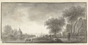 Paysage fluvial avec bétail et quelques maisons