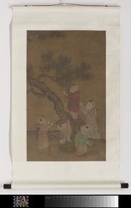 Peinture murale avec une représentation de cinq garçons cueillant des kakis - Anonymous