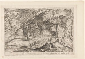 Paysage rocheux avec toit sur pilotis et lion à droite (série Landschappen naar Domenico Campagnola) - Anonymous