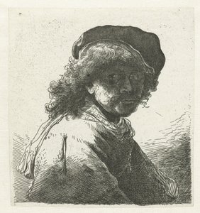 Autoportrait avec un bonnet et une écharpe, visage sombre : buste