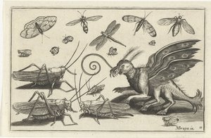 Sauterelles et créature fantastique avec ailes et palmes
