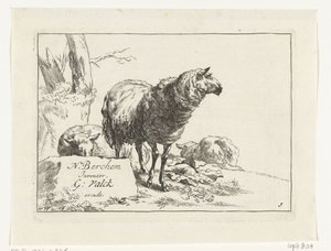 Mouton debout et deux moutons couchés (chèvres et moutons d