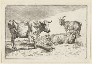 Vache debout avec une corne tordue, avec un mouton et une chèvre
