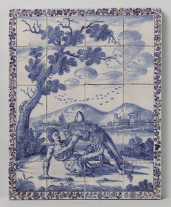 Tableau de carreaux avec un paysage bleu et une scène mythologique: Hercule et Achélous - Anonymous